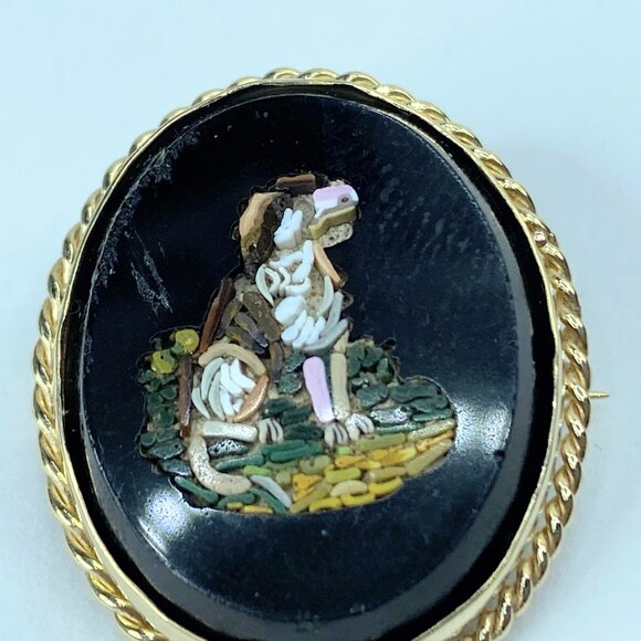 Antique Micro-mosaic 14k yellow gold rope bezel Dog Brooch 8g 30mm JR959 - Picture 6 of 8